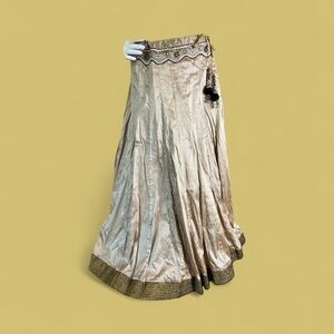 Elegant Brocade Embellished Gold Maxi Skirt with Zipper and Drawstring Closure.
